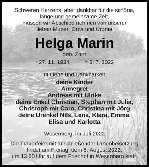 Traueranzeigen Von Helga Marin Trauer Nordkurier