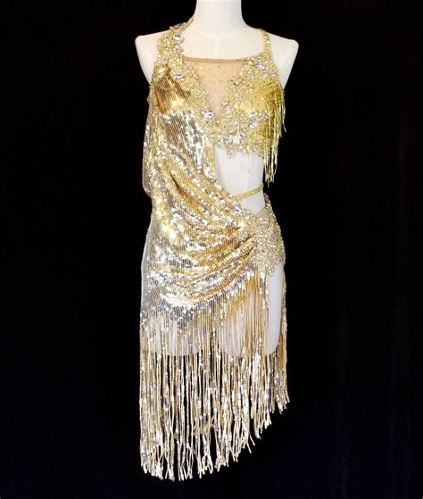 Gold Sequin Latin Dance Costume Fringe Beaded Ice Dance Etsy