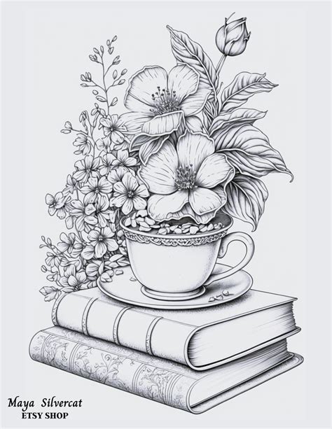 A Drawing Of Flowers In A Teacup On Top Of Books