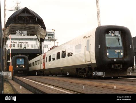 Nyborg, Denmark - Early 1997: Trains leave the ferry Prins Joachim, The ...