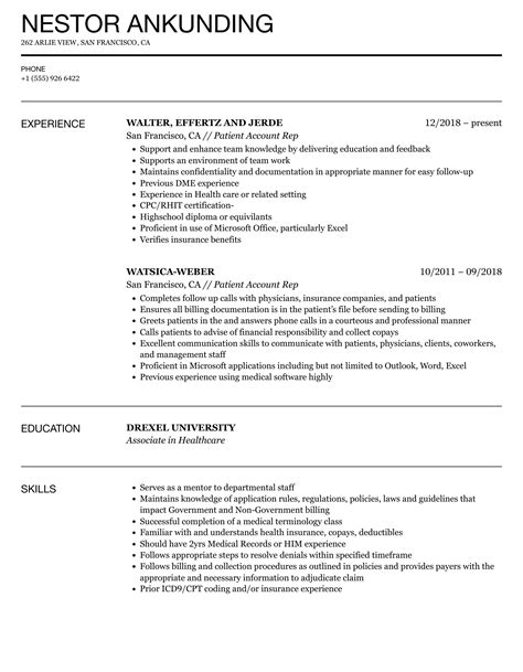 Patient Account Rep Resume Samples | Velvet Jobs