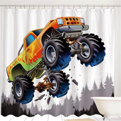 Hyper Realistic Cartoon Monster Truck Flying Shower Curtain Bright