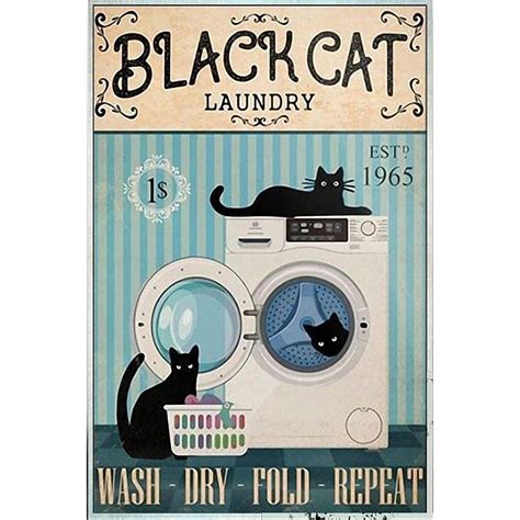 Wall Decor Black Cat Laundry Wash Dry Fold Repeat Laundry Room Decor