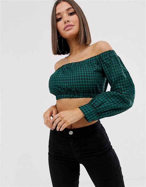 Bardot Crop Top Missguided Fashion Online Latest Trends Asos Checks Crop Tops Trending