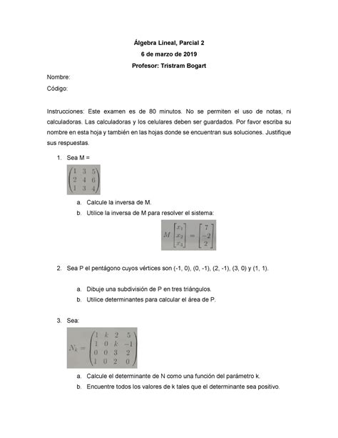 Examen 6 Marzo 2019 preguntas Álgebra Lineal Parcial 2 6 de marzo