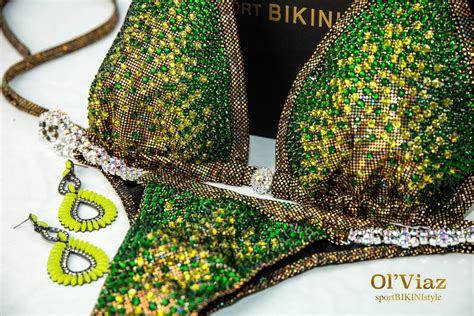 NPC IFBB WBFF Emerald Green Metallic Spandex Bikini Suit With Crystals