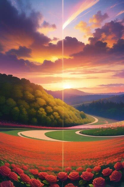 Premium AI Image | A poster for a flower field with a sunset in the background.