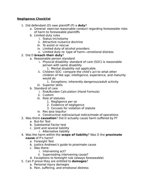 Negligence Checklist Negligence Checklist Did Defendant D Owe Plaintiff P A Duty A