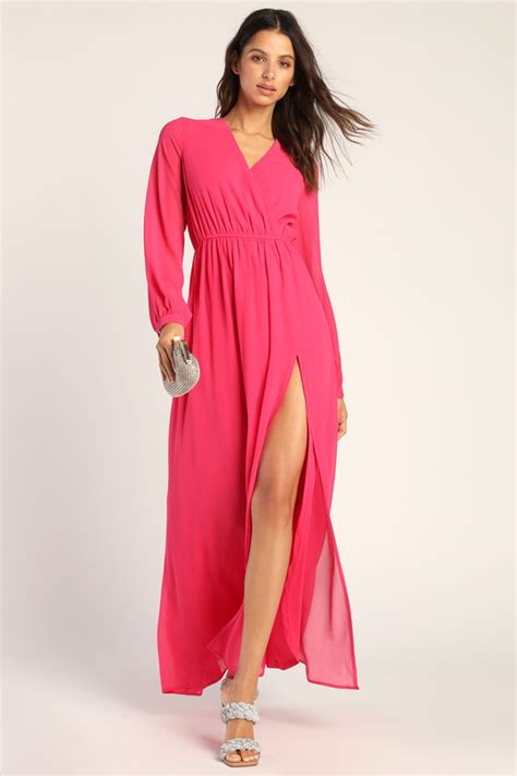 Hot Pink Dress Maxi Dress Long Sleeve Dress Lulus