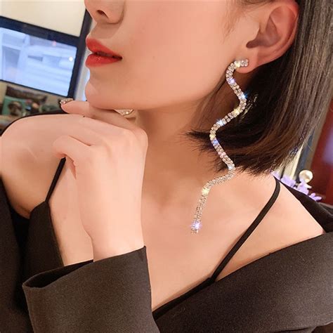 Long Tassel Crystal Drop Earring For Women Shiny Gold Silver Color S