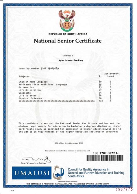 Republic Of South Africa National Senior Certificate Awarded To Kyle