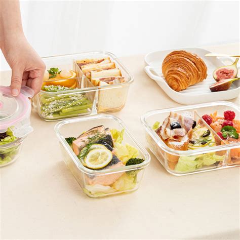 Rectangular Glass Lunch Box Divided Bento Box Microwave Fresh Keeping