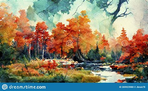 Pintura Acuarela Del Paisaje De Los Bosques De Invierno Generador De