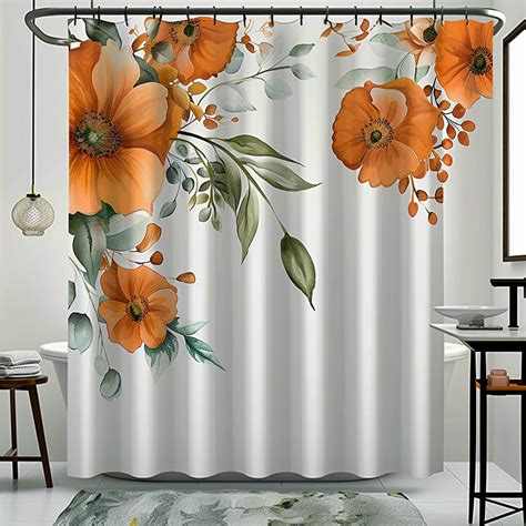 Unique Rust Orange Floral Art Deco Shower Curtain With Hyper Realistic