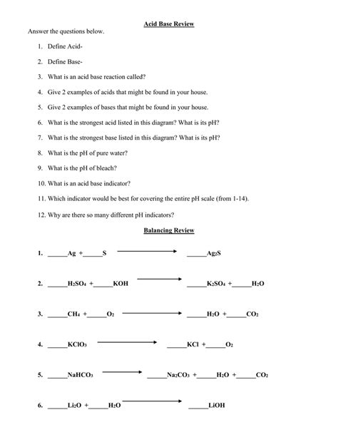 Acid Base Review Answer The Questions Below 1 Define Acid