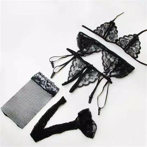 Jual K211074 Sexy Lingerie Bra Set Hitam Garter Dan Stocking Bikini