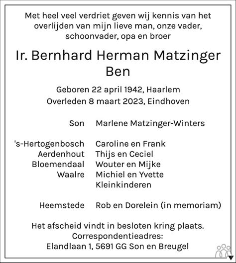 Bernhard Herman Matzinger Overlijdensbericht En Condoleances