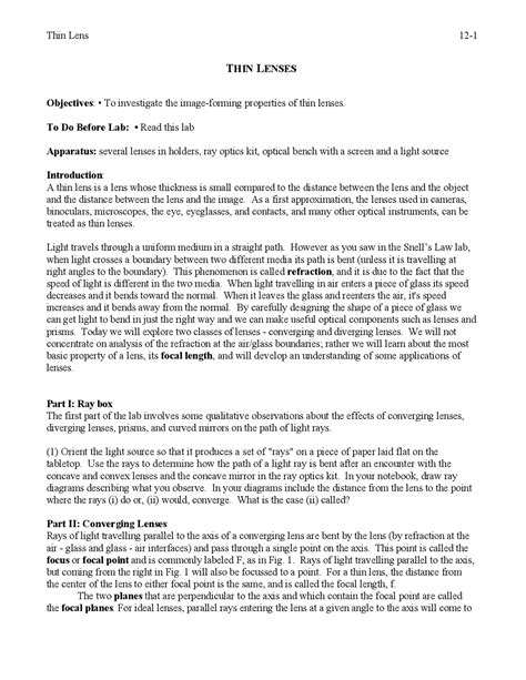 Thin Lens 12-1 THIN LENSES Objectives | Study notes Law | Docsity