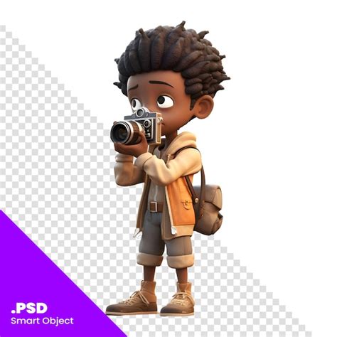 Premium Psd 3d Render Of An African American Boy With Backpack And A Camera Psd Template