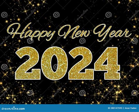 Happy New Year 2024 With Shiny Golden Sparkle And Shiny Glitter Typography Text Stock