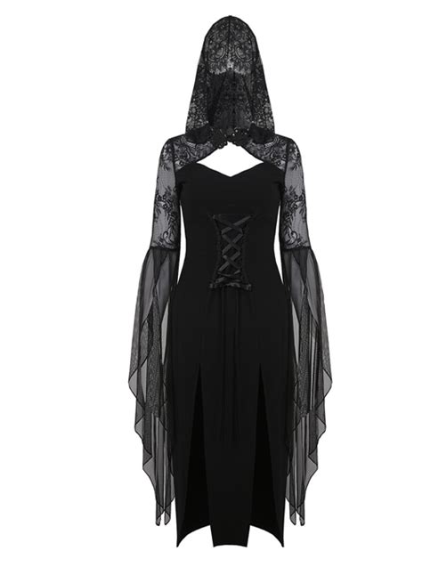 Gothic Black Lace Hooded Sexy Side Slits Long Dress Magic Wardrobes