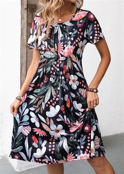 Floral Print Pocket Black Short Sleeve Round Neck Dress Rosewe