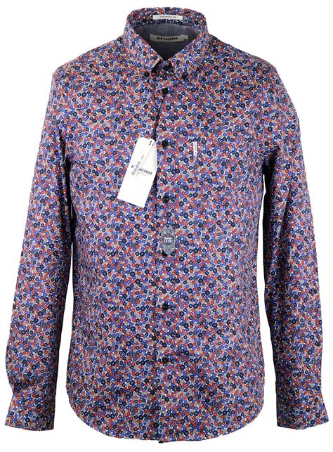 Ben Sherman Retro 1960s Mod Button Print L S Shirt In Sky Blue