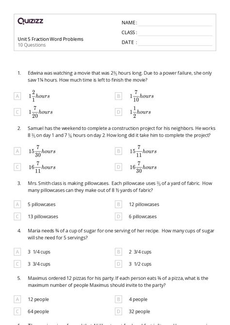 50 Fraction Word Problems Worksheets For 6th Year On Quizizz Worksheets Library