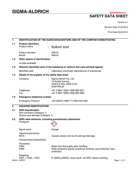 Msds Sulfuric Acid Acid Sigma Aldrich Sigma Aldrich Safety Data