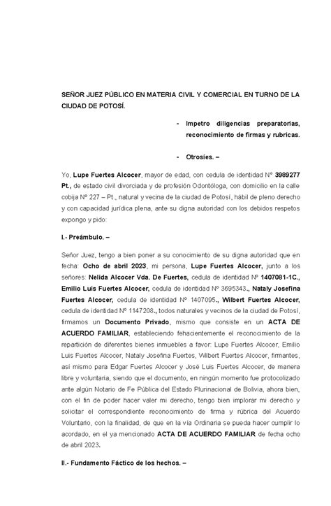 Proceso DE Reconocimiento DE Firmas Familia Fuertes SEÑOR JUEZ