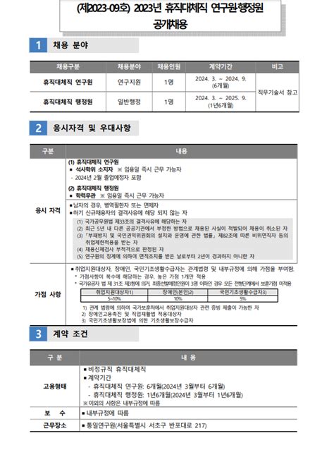 통일연구원 2023년 휴직대체직 연구원 행정원 공개채용 공고 제2023 9호 연구회ㆍ소관 연구기관 채용 정보 소식