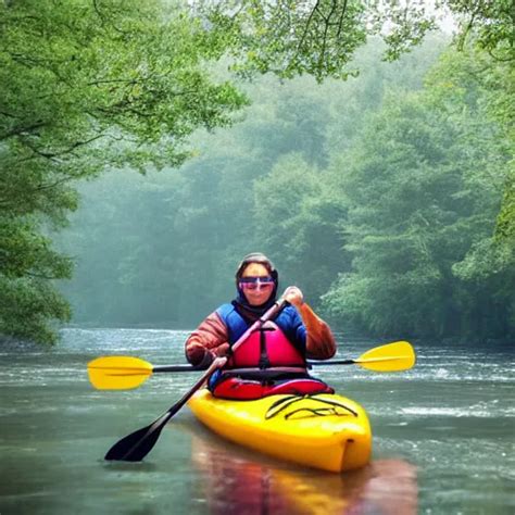 Kayakers Paddling On A Foggy Meandering River Winding Stable