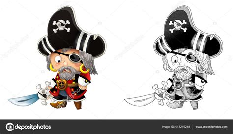 Cartoon Sketch Scene Pirate Man Captain White Background Illustration