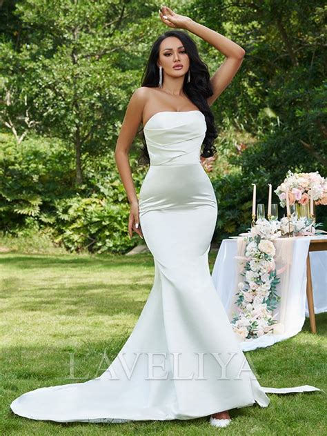 Mermaid Straight Ruched Sweep Train Satin Wedding Dress Laveliya