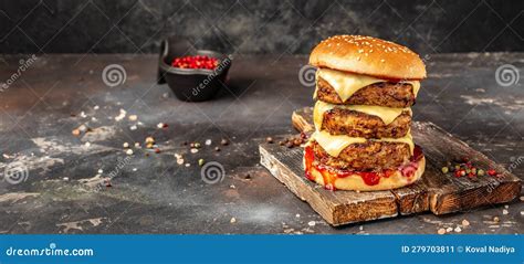 Big Beef Burger With Three Patties And Cheese Homemade Burger With