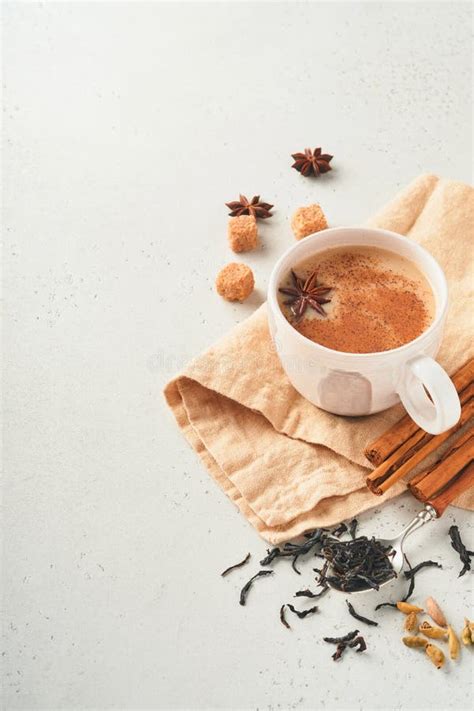 Masala Tea Masala Chai Spiced Tea With Milk And Spices On Light Grey