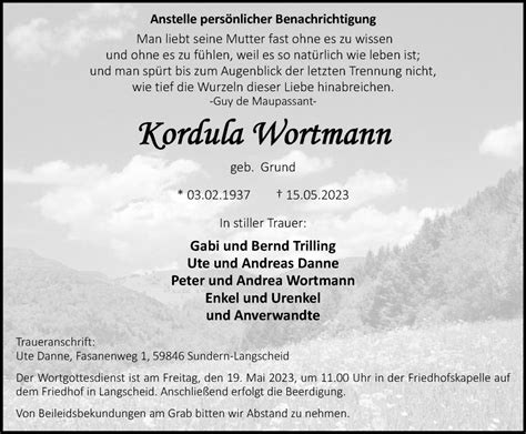 Traueranzeigen Von Kordula Wortmann Trauer In Nrw De