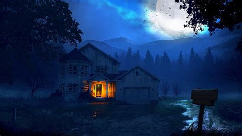 HD wallpaper: brown wooden house, digital art, illustration, ghost, night, forest | Wallpaper Flare