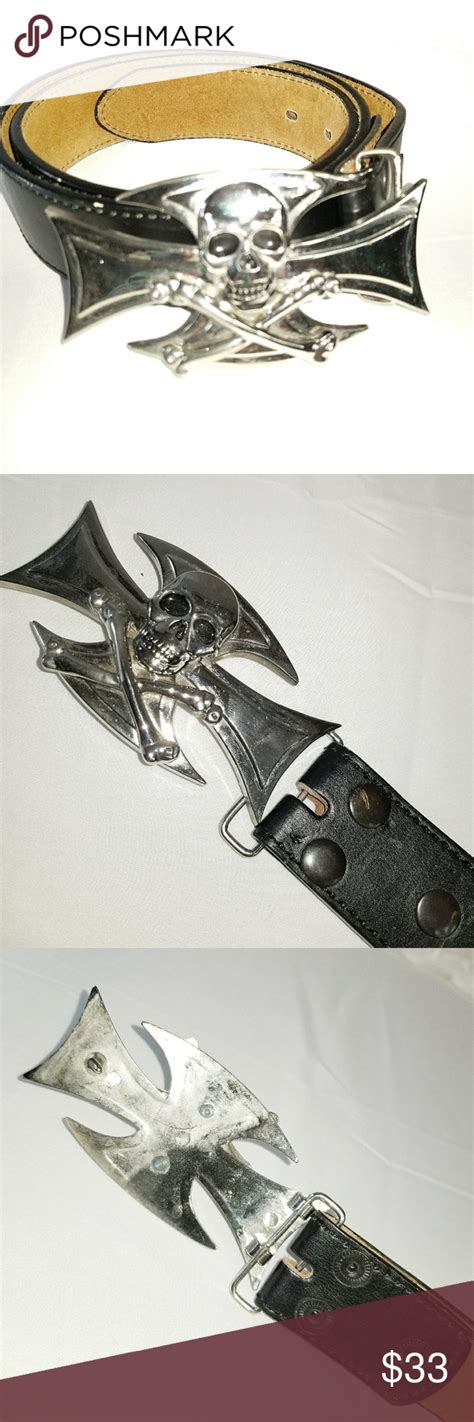 Skull And Crossbones Maltese Cross Leather Belt 36 Black Leather Belt