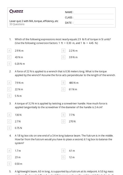 Torque And Equilibrium Worksheets For Th Class On Quizizz Free