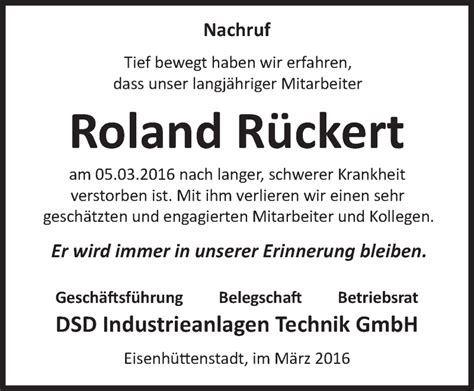 Traueranzeigen Von Roland R Ckert M Rkische Onlinezeitung Trauerportal