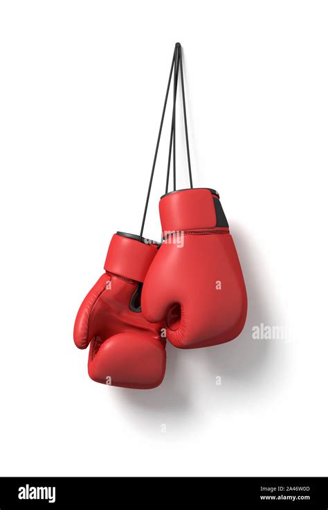 D Rendering Of Two Red Boxing Gloves Hanging On A Long Black String On