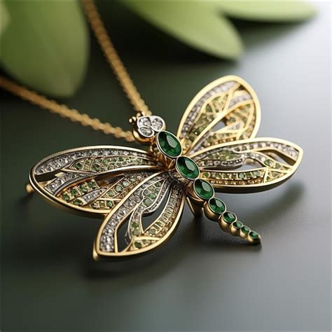 Premium Ai Image A Gold Dragonfly Necklace With Green Stones And