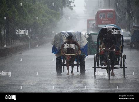 Rickshaw Puller Carrying Passenger When Heavy Rainfall Maid In Dhaka