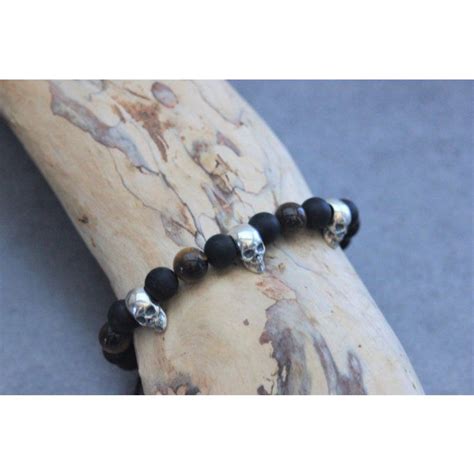 Bracelet Perles Onyx Mat Oeil De Tigre Et T Tes De Mort Argent