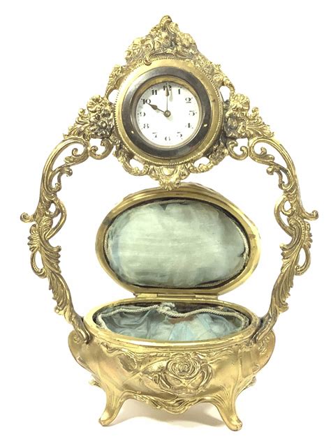 Lot 2pc Art Nouveau Jewelry Casket Clock Gong