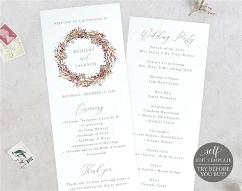 Program Template Editable Winter Wedding Ceremony Pertaining To