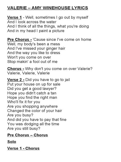 VALERIE Lyrics Amy Winehouse PDF Worksheets Library