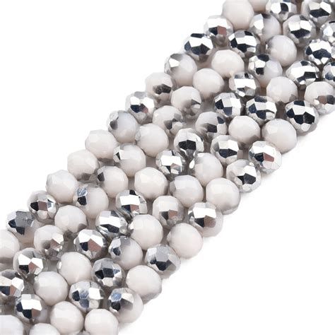 Honeyhandy Electroplate Opaque Glass Beads Strands Half Silver Plated Faceted Rondelle