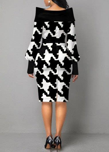 Rotita Long Sleeve Houndstooth Print Color Block Dress